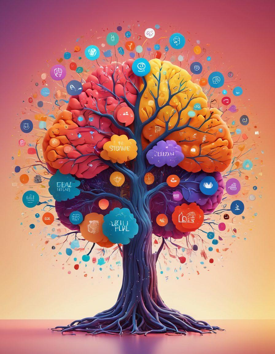 A captivating visual representation of a brain composed of colorful data streams and emotional icons flowing outwards. In the background, a diverse group of people with expressive faces engage happily, showcasing various emotions. The foreground features a vibrant tree of knowledge, symbolizing growth and discovery in mental health. Soft, warm colors emphasize unity and understanding. digital illustration. vibrant colors. 3D.