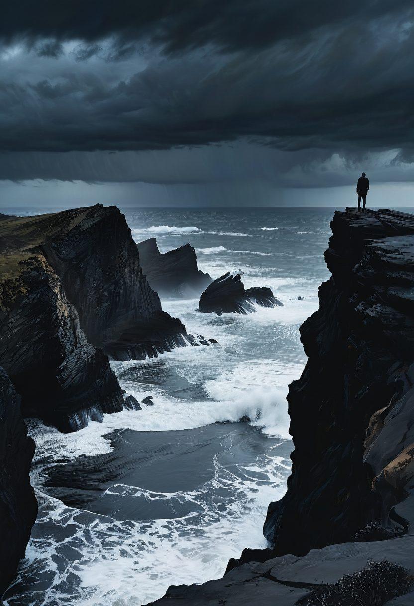 A solitary figure sitting on the edge of a cliff, gazing into a vast, dark sea that reflects a stormy sky, symbolizing the depths of sadness. Ghostly, translucent shapes represent emotions swirling around the figure, with hints of lighter colors breaking through the darkness to symbolize hope. The overall atmosphere is moody and introspective, inviting the viewer to explore the complexities of emotion. abstract art. moody colors. high contrast.
