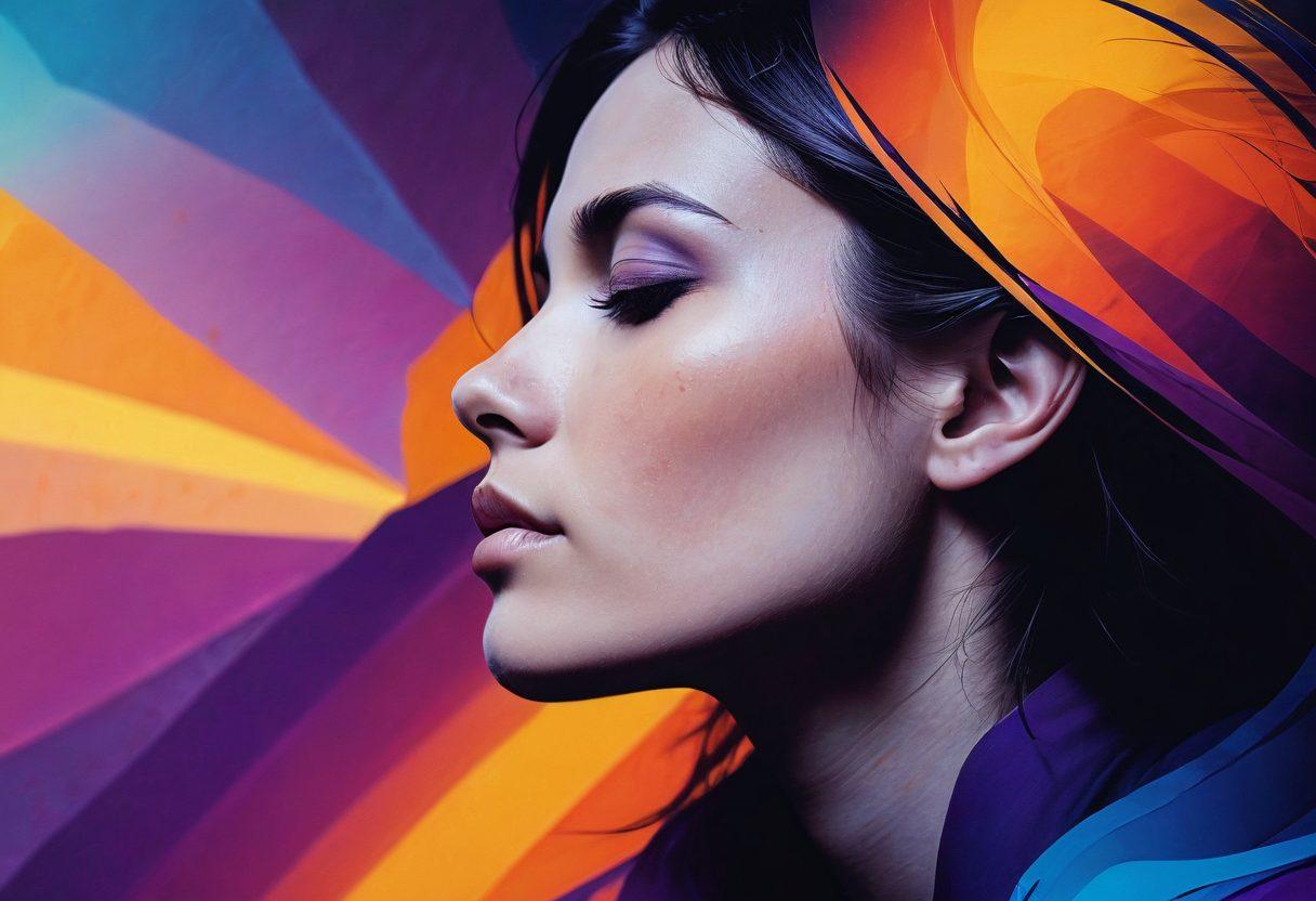 A spectrum of colors transitioning from dark blues and deep purples representing sadness, to vibrant yellows and oranges symbolizing hope and happiness. Overlayed are abstract shapes depicting various emotions, gently flowing from one to another. Incorporate elements like a silhouette of a person deep in thought and subtle heart shapes weaving through the emotional transitions. Enhance the image's depth with soft gradients and textures that evoke a feeling of introspection. super-realistic. vibrant colors. abstract.